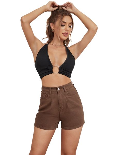 

solid rib-knit denim shorts t0t2#, White;black