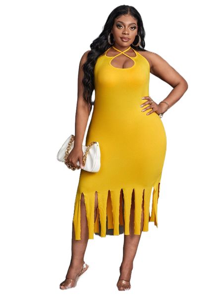 

plus crisscross front halter neck backless fringe trim bodycon dress m0pk#, Black