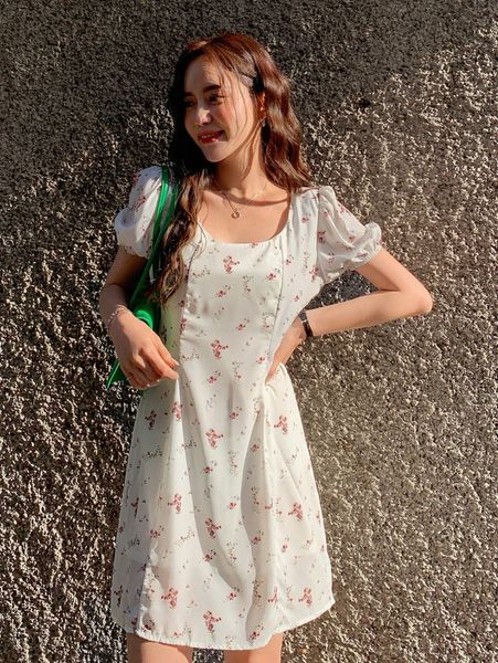 

dazy floral print puff sleeve dress 87ag#, Black;gray