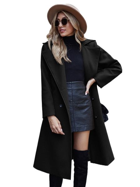 

solid lapel collar double breasted overcoat i91j#, Black