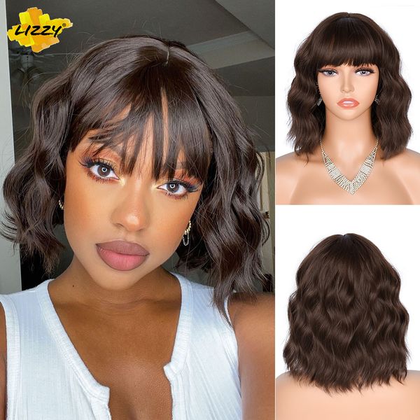 

lx brand short wavy black bob wigs with bangs for women girls synthetic brown white lolita halloween cosplay wig heat resistant lizzyfactory