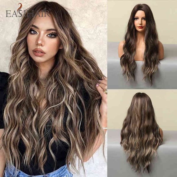 

easihair long brown ombre synthetic wig for black women super wavy s cosplay water wave heat resistant 220516