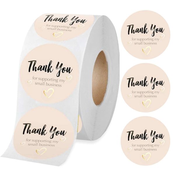 Thank You for Supporting My Small Business Sticker Labels Pastell Pfirsichfarben mit Goldfolienherzen 2,5 cm rund in Rolle für Kleinunternehmer 1222507