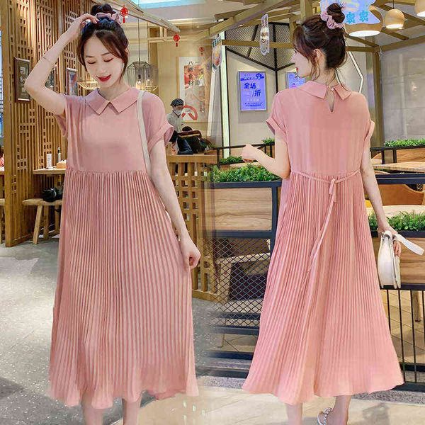 

maternity dresses summer pink chiffon pleated fashion women clothing dresses short sleeve dress pregnant pregnancy korean style g220418, White
