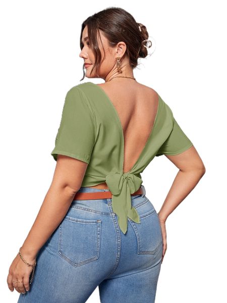 

plus v back self-tie crop blouse s411#, Black