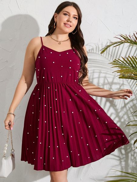 

plus pearls beaded pleated cami dress n5qw#, Black