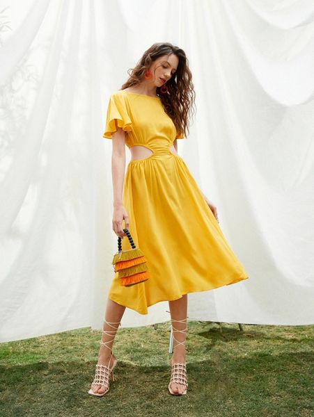 

flounce sleeve boat neck cut-out dress 90g9#, Black;gray