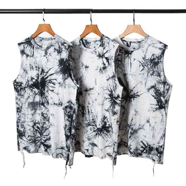 

men' tank high street ins hip hop oversize loose sleeveless t-shirt cut open fork tie dyed waistcoat men 2cyo, White;black