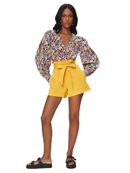 

paper bag waist belted wide leg shorts e9l9#, White;black