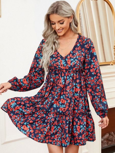 

floral print lantern sleeve ruffle hem dress x3mz#, Black;gray