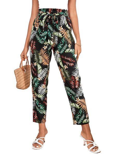 

tropical print elastic waist cropped pants 21l0#, Black;white