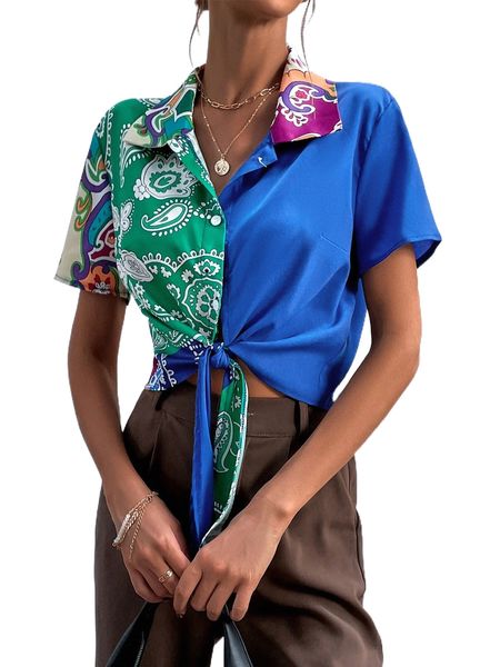 

tie hem paisley print spliced blouse 45vy#, White