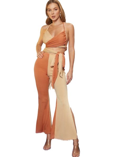 

two tone tied backless crop & split thigh pants set k9jm#, White