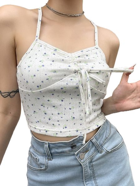 

dazy ditsy floral print drawstring front backless halter p2yo#, White