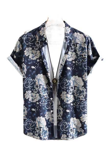 

men 1pc allover floral print shirt h4qq#, White;black