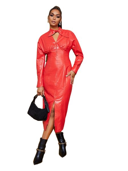 

tie neck half button split hem pu leather dress q6f4#, Black;gray