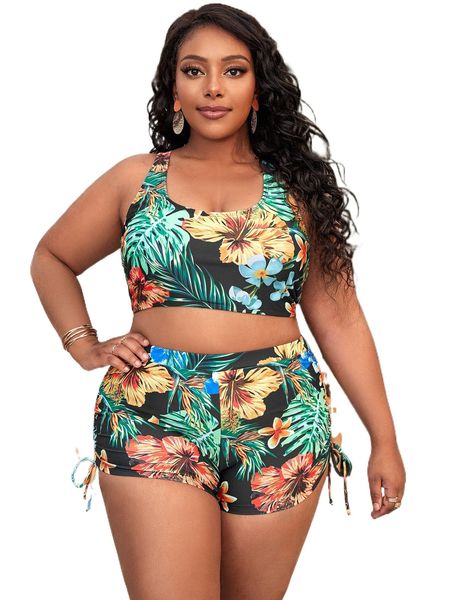 

plus tropical print backless shorts bikini swimsuit v4fb#, White;black