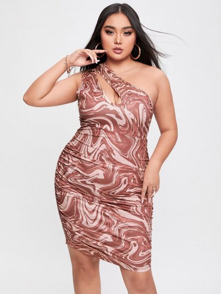 

plus marble print one shoulder cut out ruched side bodycon dress f9qg#, Black