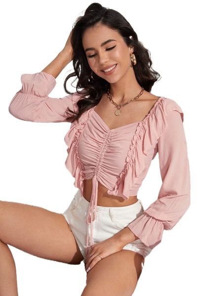 

drawstring ruffle trim flounce sleeve shirred back crop blouse 31pv#, White