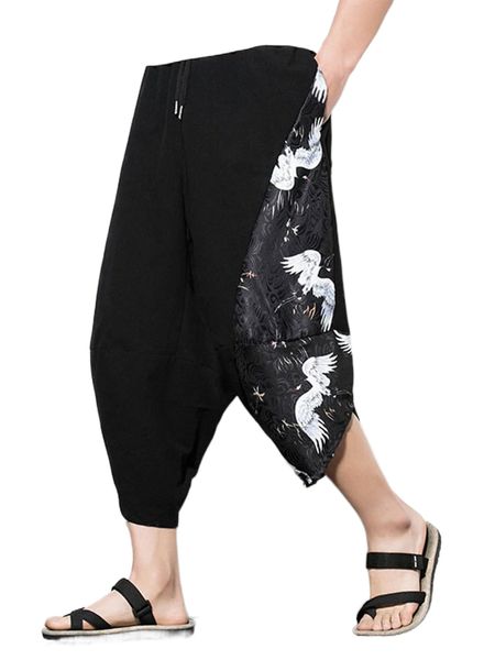 

men crane print drawstring waist drop crotch pants q4rq#, Black