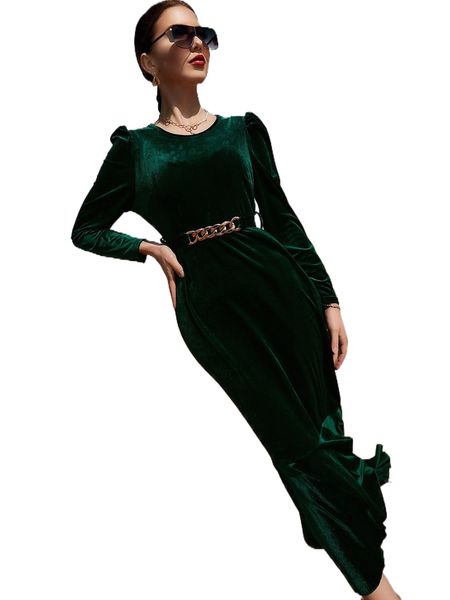 

puff sleeve mermaid hem belted velvet dress 10xb#, Black;gray