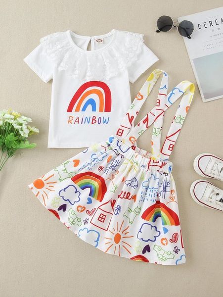 

cute lace stitching cartoon girls' two piece set she, White