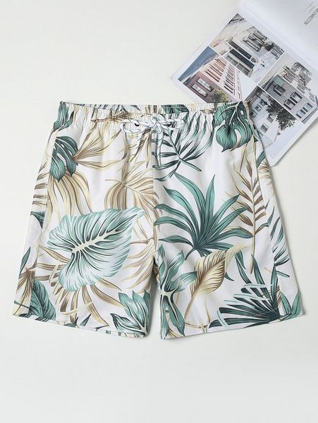 

men tropical print drawstring waist swim trunks y7vq#, White;black