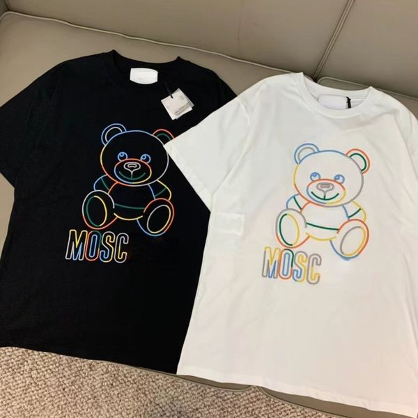 Alta qualidade designer maré marca mos camisa masculina verão em torno do pescoço manga camisa neon urso algodão bottoming pulôver casais casual moletom