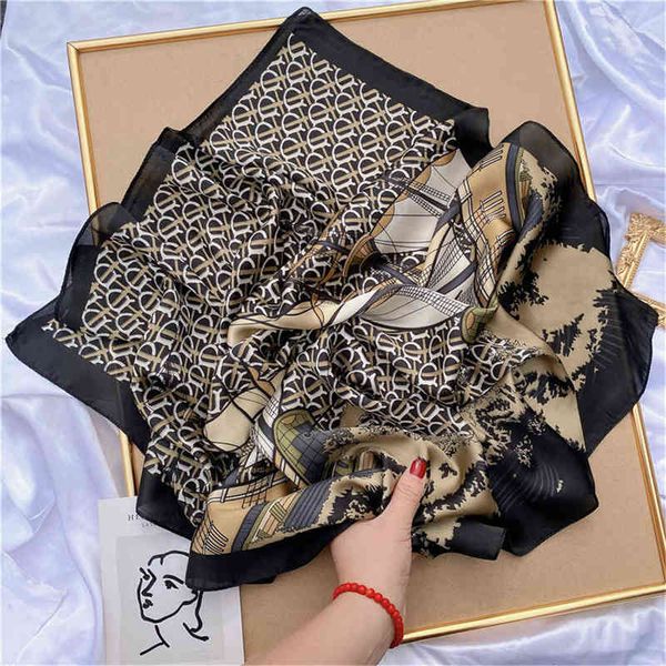

2022 silk square scarf lady hair band foulard satin female bag scarves headband women bandana shawl and wraps large hijab summer g220513, Blue;gray