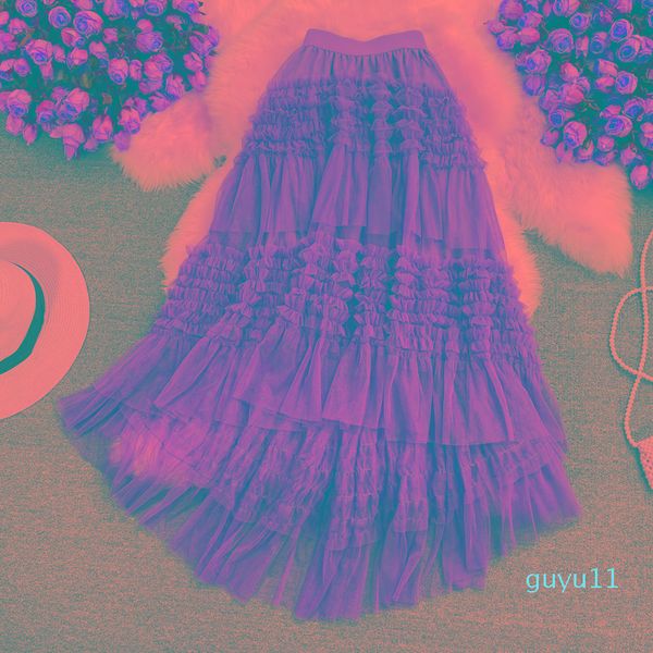 

mesh irregular skirt women sweet high waist big swing midi faldas female elegant ruffle saias lady summer new, Black