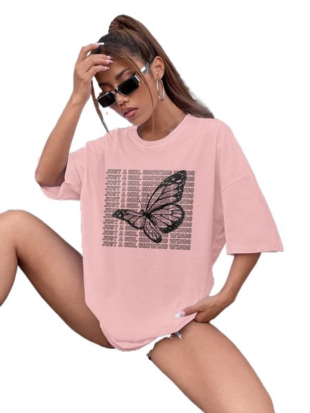 

butterfly & slogan graphic drop shoulder tee q85u#, White