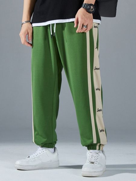 

men letter graphic colorblock drawstring waist sweatpants r1gy#, Black