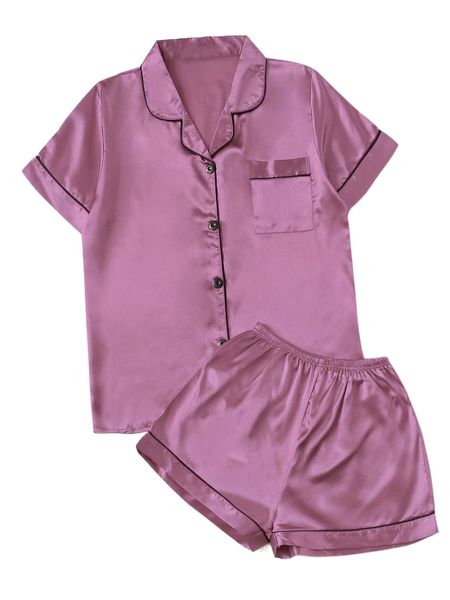 

contrast binding satin pj set l1fa#, Black;red