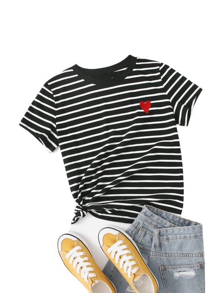

plus striped heart embroidery detail tee x4k4#, Black
