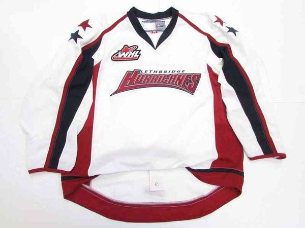 Seltenes, genähtes, individuelles LETHBRIDGE HURRICANES WHL WEISSES JERSEY, HINZUFÜGEN EINER BELIEBIGEN NAMENNUMMER, HERREN-KINDER-JERSEY XS-5XL