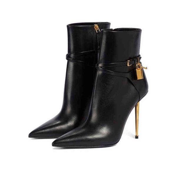 

women boots metal lock decorate ankle boot gold stiletto high heel pointed toe short booties fashion zipper martin 0719, Black