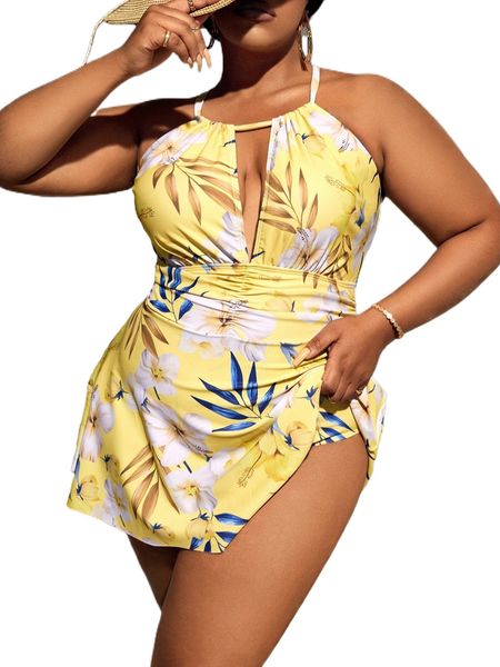 

plus tropical print criss cross one piece swimsuit b5ws#, White;black