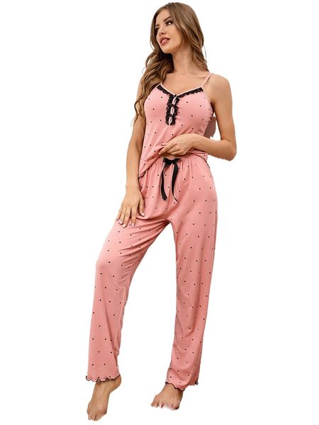

polka dot lace trim bow front pj set e07v#, Black;red
