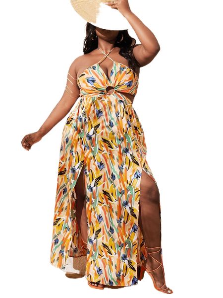 

x joanna plus floral print cut out tie back m-slit hem maxi halter dress w2co#, Black