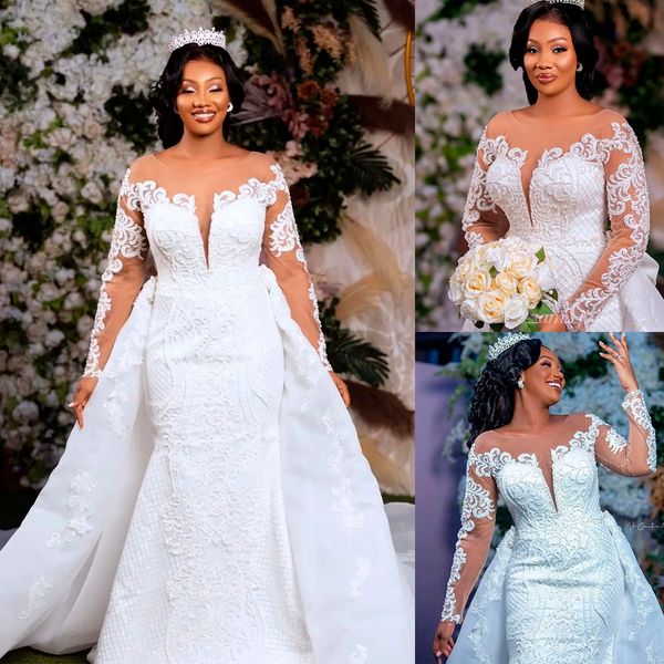 

saudi arabia mermaid wedding dress with detachable train sheer neck long sleeve plus size lace bridal gowns robes de mariÃ©e, White