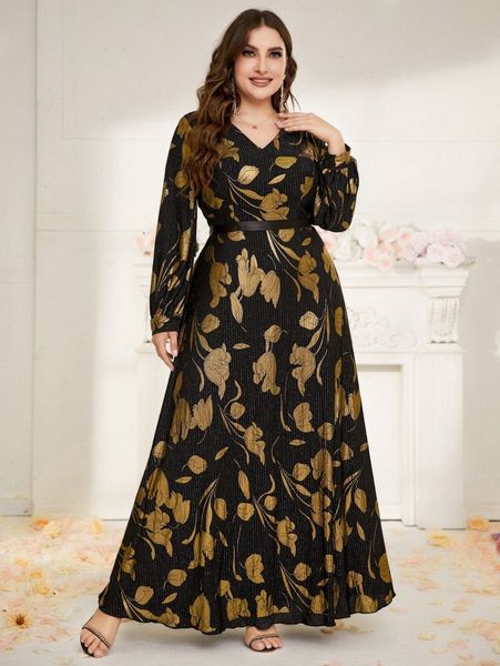 

plus floral print v neck maxi dress q77n#, Black