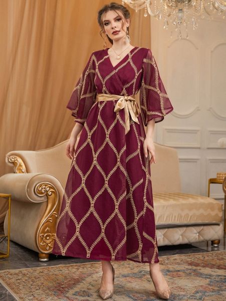 

embroidery mesh belted dress a8xf#, Black;gray