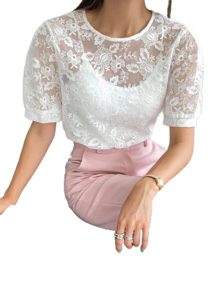 

dazy floral embroidery sheer lace blouse without cami u48l#, White
