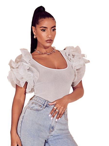 

bae exaggerated ruffle trim scoop neck bodysuit l1qy#, White