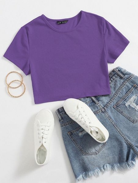 

solid rib knit crop tee 78r3#, White