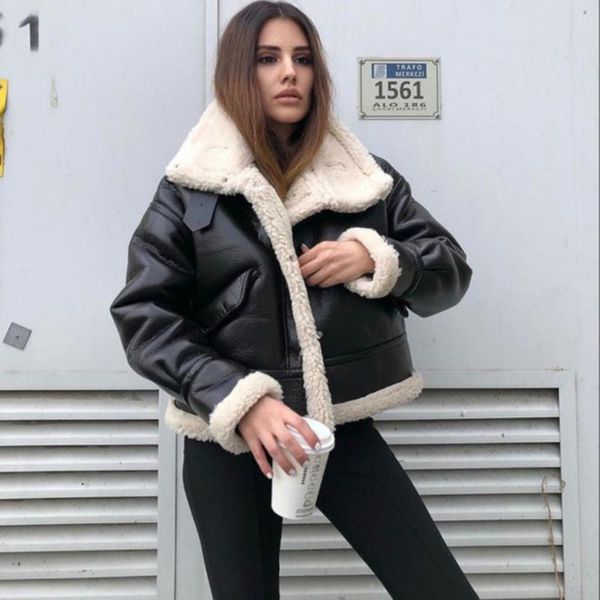Damenjacken XIKOM 2022 Winter Schwarze Frauen Lederjacke mit Pelzkragen Taschen Streetwear Warm Übergroßer Reißverschluss
