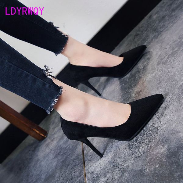 

comfortable suede high heels female black professional working student 7cm mid-heel stiletto single shoes