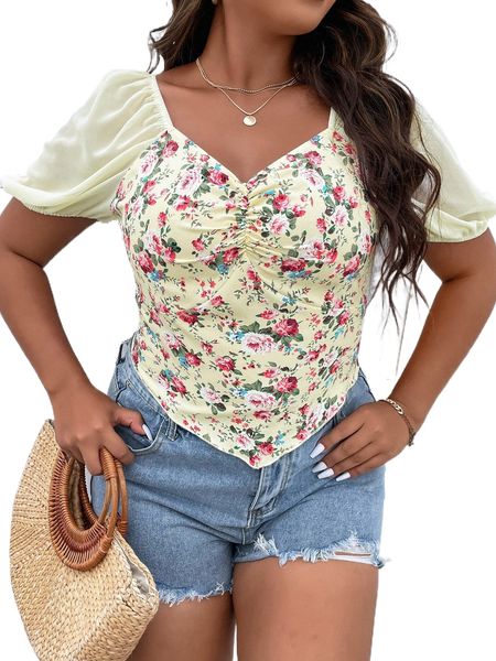 

plus floral print sweetheart neck puff sleeve shirred hanky hem blouse s6xm#, Black