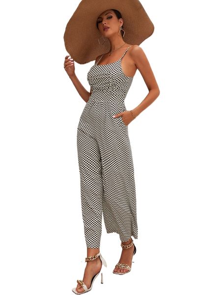 

plaid slant pocket ruched cami jumpsuit j2zx#, Black;white