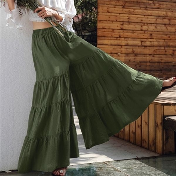 

vintage women s wide leg trousers zanzea solid pants casual elastic waist long pantalon palazzo female turnip 220808, Black;white